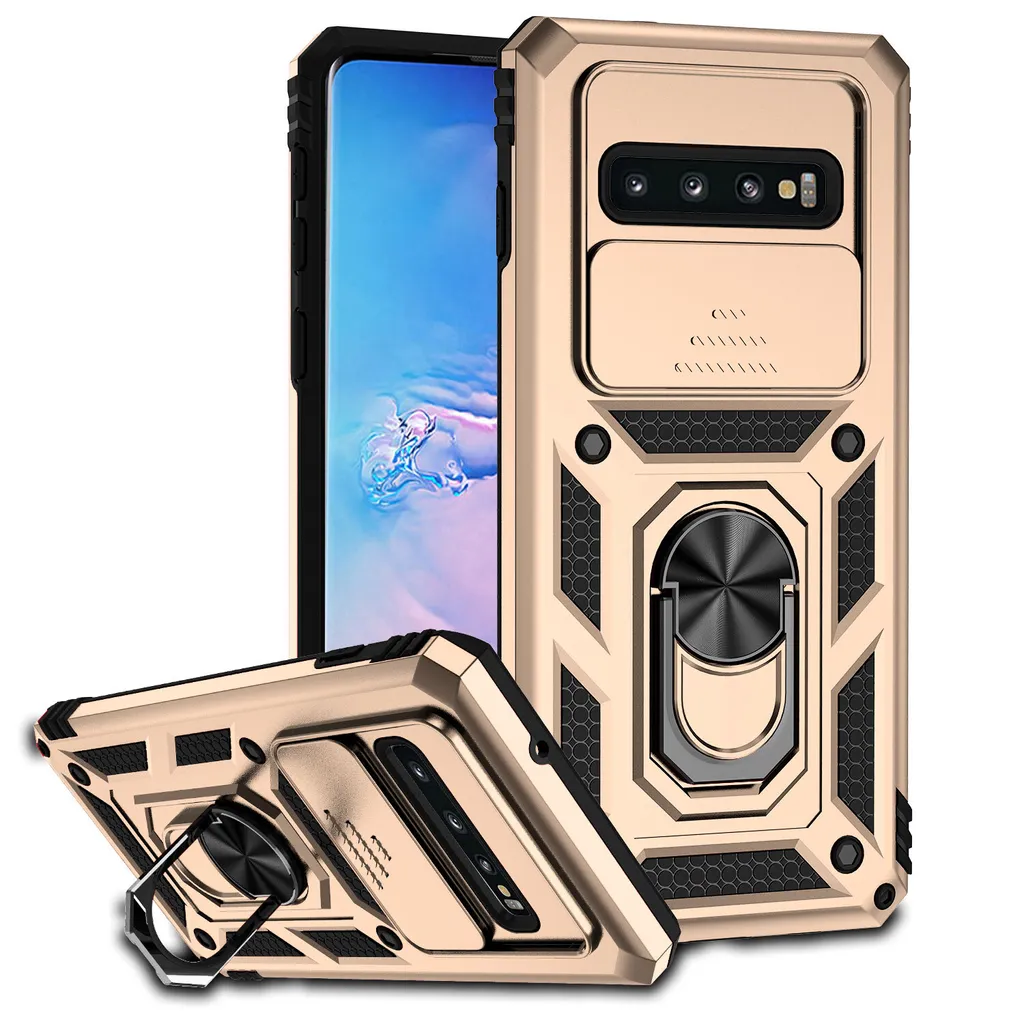 Custodia per Samsung Galaxy S10 Plus a doppio strato con copertura scorrevole della fotocamera e supporto ad anello Oro