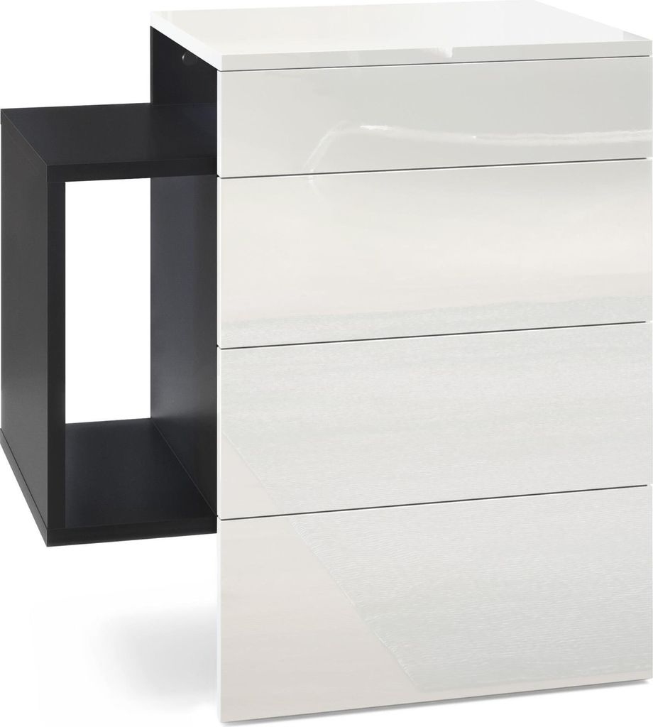 Vladon Nachttisch Queens, Germany, Nachttischschrank mit 2 Schubladen und 1 seitlichem Fach zur Wandmontage, Schwarz matt/Weiß Hochglanz (60 x 63 ...