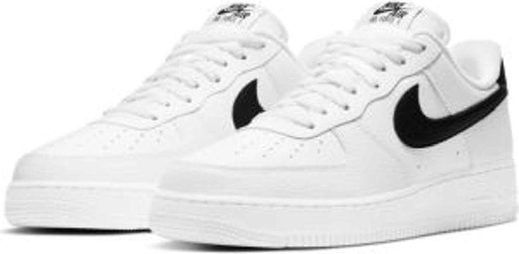 A pair of white Nike Air Force 1 sneakers with black Nike swoosh logos.