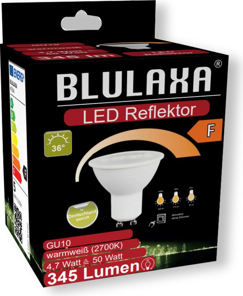 BLULAXA LED-SMD-Reflektorlampe, GU10, EEK: F, 4,7W, 345lm, 2700K