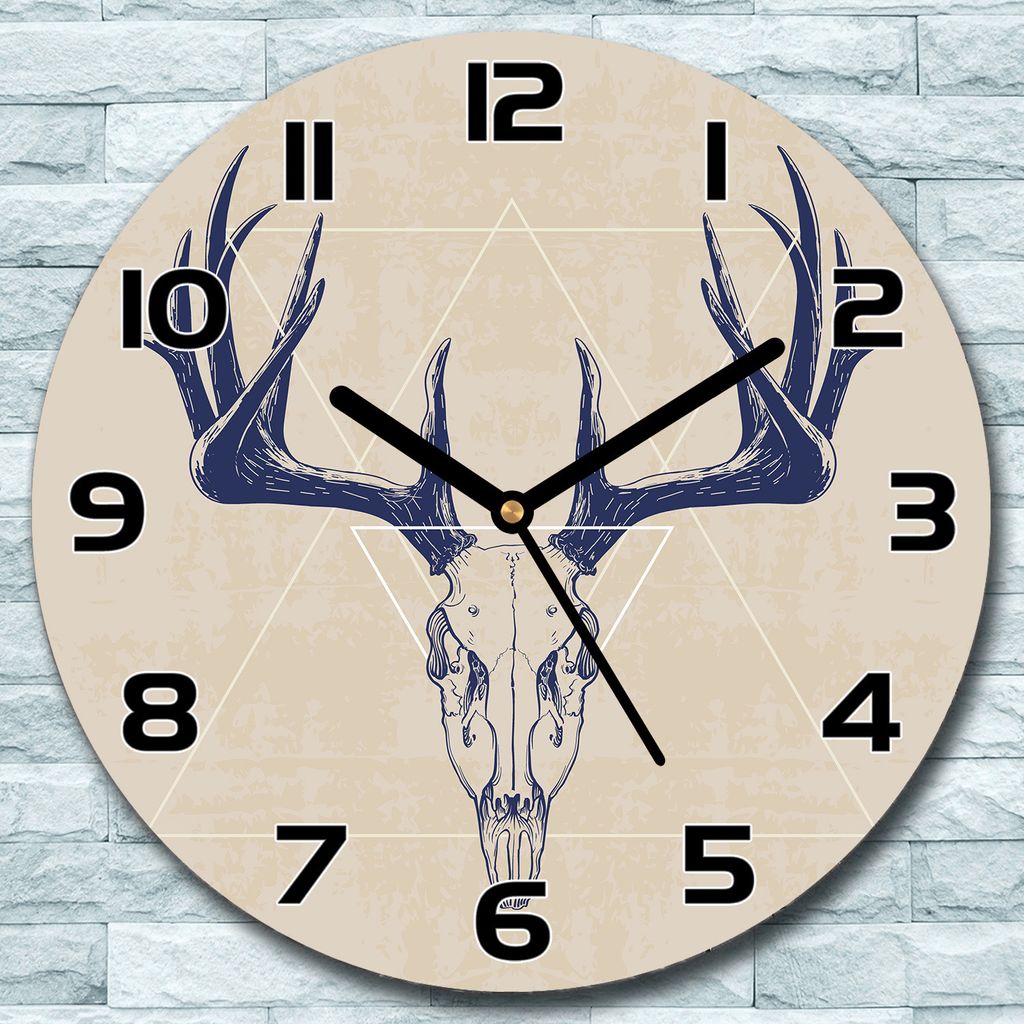Wanduhr aus Glas Rund fi 30 Hirschschschädel Quarz Deko Schlafzimmer Büro
