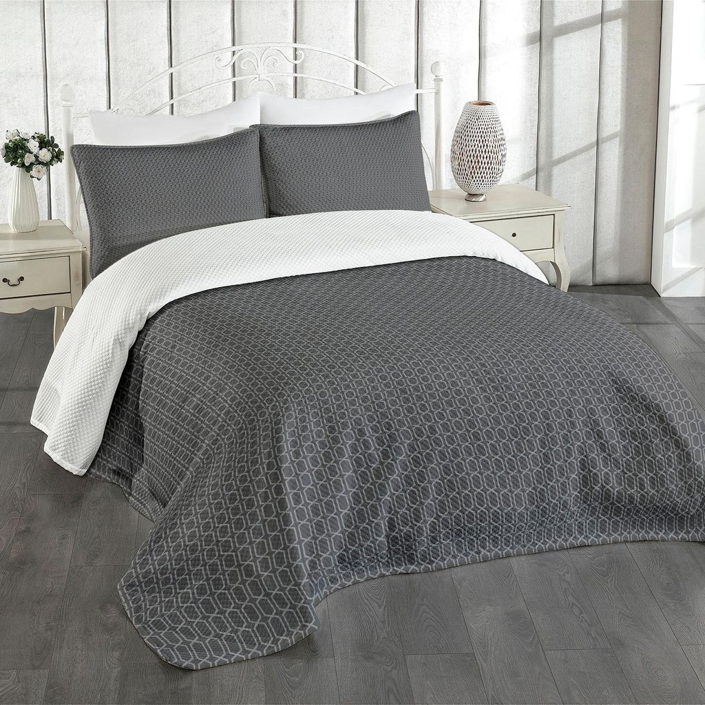 ABAKUHAUS Jahrgang Tagesdecke Set, Antike Abstrakt Trellis mit Wiederholung Geometrische Formen Motiv Kunstdruck, 264 x 220 cm, Grau und Dunkelgrau