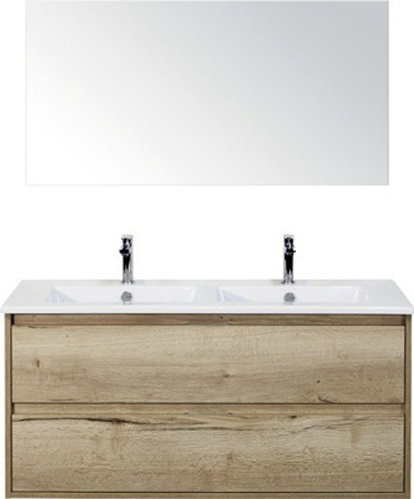 Badmöbel-Set Porto 120 cm mit Doppelwaschtisch Keramik 2 Schubladen und Spiegel Eiche natur