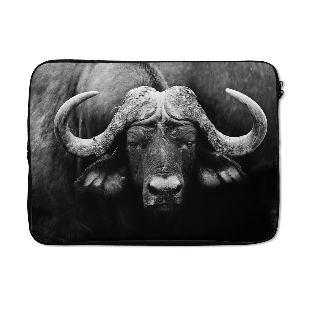 MuchoWow Laptop Hülle 13 Zoll Tiere - Büffel - Schwarz - Weiß - Porträt Laptoptasche - Laptophülle - Sleeve - Rundumschutz