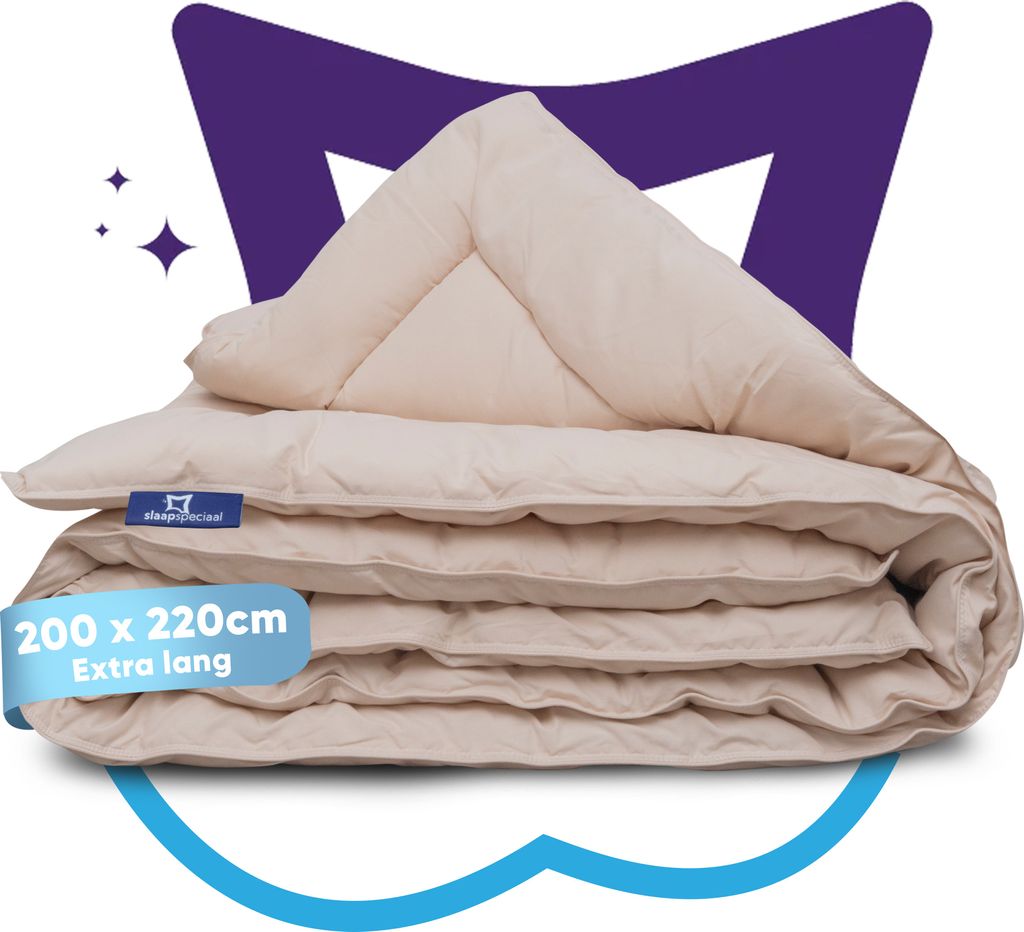 A folded beige duvet is presented against a white background with purple graphic elements and sparkling stars.