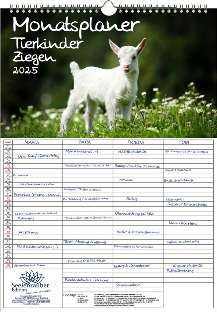 Tierkinder Ziegen Planer Wandplaner Familienplaner 4 Spaltenplaner DIN A3 Kalender für 2025 Tierbabys und Tierkinder - Seelenzauber