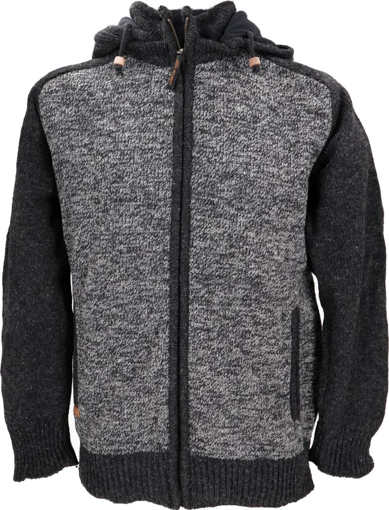 Kuschelige Gefütterte Strickjacke, Wolljacke, Nepaljacke - Grau/schwarz, Herren, Wolle, Größe: S