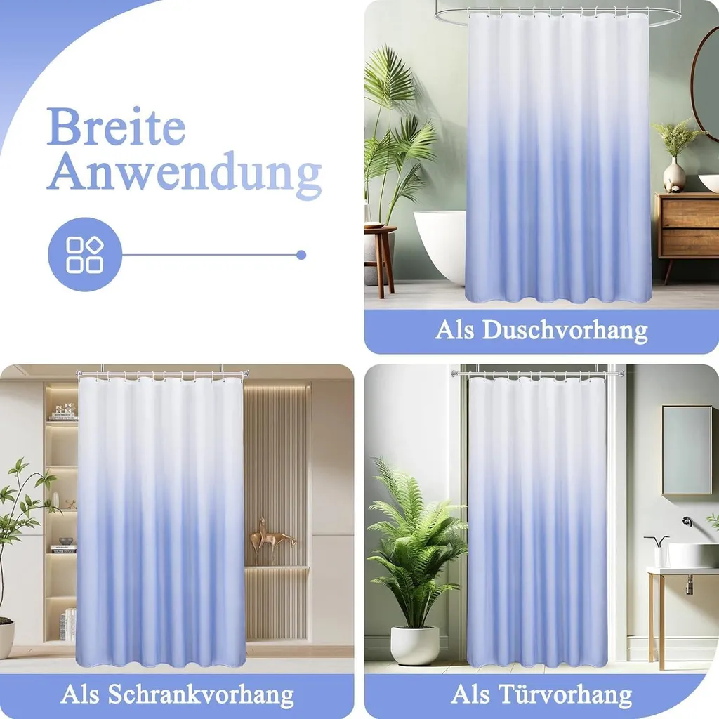 Rideau de douche bleu 180x200cm textile imperméable et lavable en machine - 7