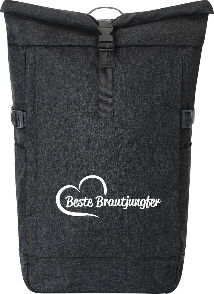 Huuraa Kurierrucksack Beste Brautjungfer Herz Geschenk 30-44 Liter Black Melange Fairtrade Rolltop Rucksack Beste Brautjungfer Geschenkidee
