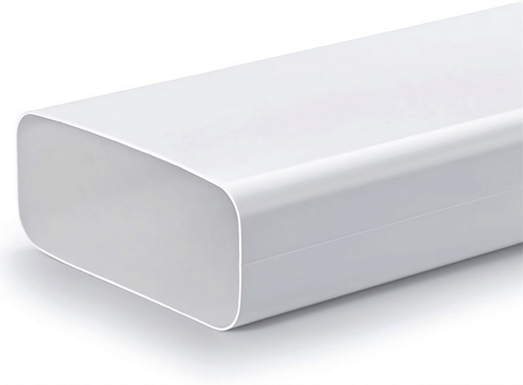 A close-up, studio shot of a white rectangular ventilation duct with rounded edges, presented on a plain background.