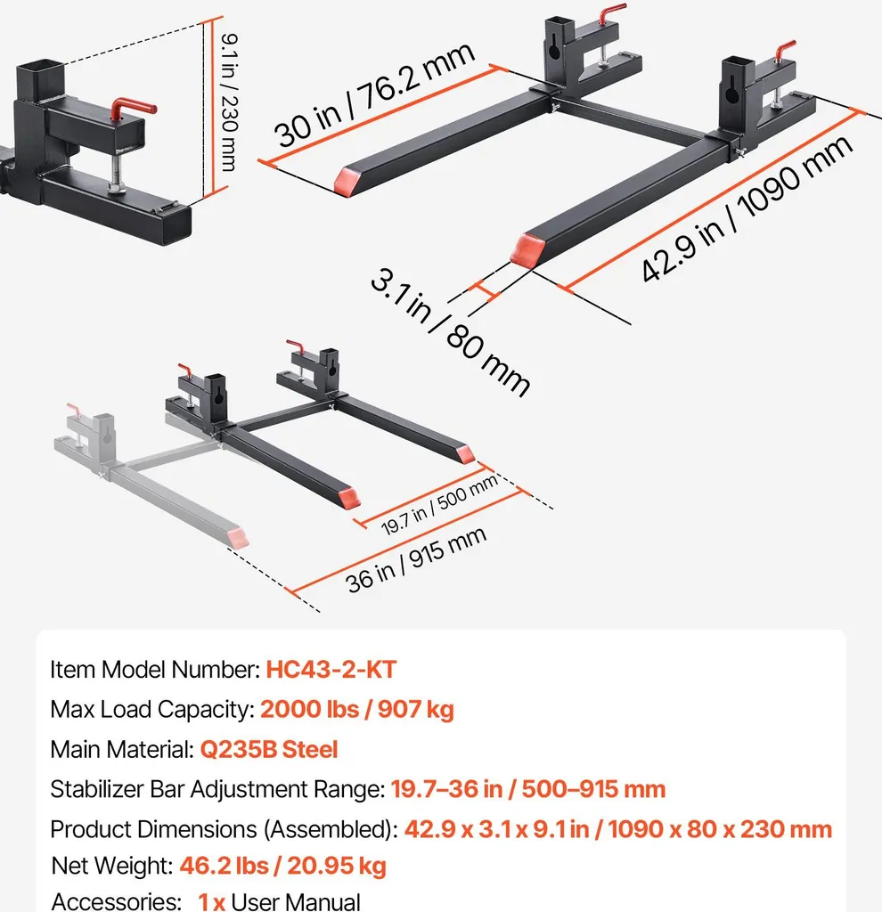 Fourches à palettes 907 kg pour chargeur frontal de tracteur - Noir