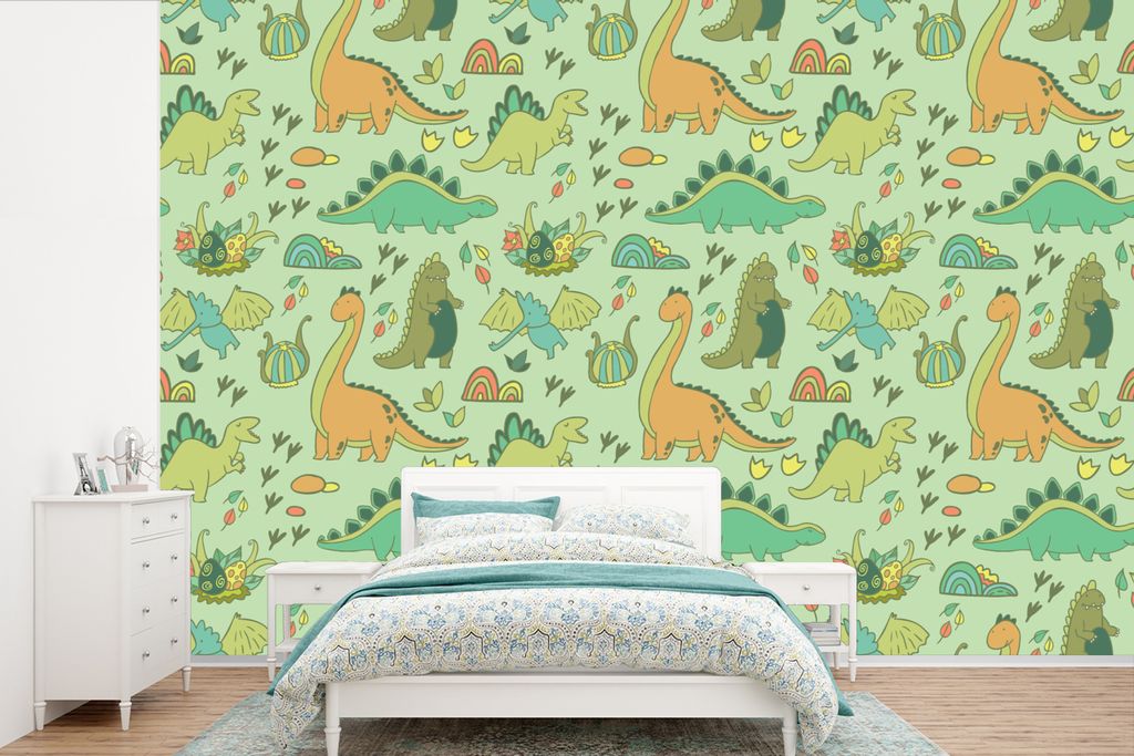 MuchoWow Fototapete für Wohnzimmer oder Schlafzimmer Wandtapete Vinyl Motivtapete Muster - Dino - Grün - Kleiner Junge - Kind - Kinder - 600x40...