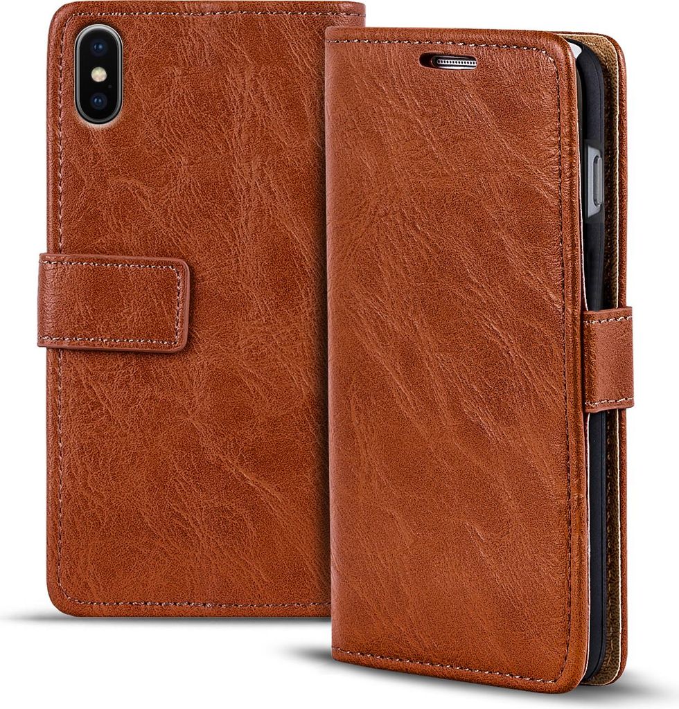 A brown leather wallet case for a smartphone, shown open and closed.