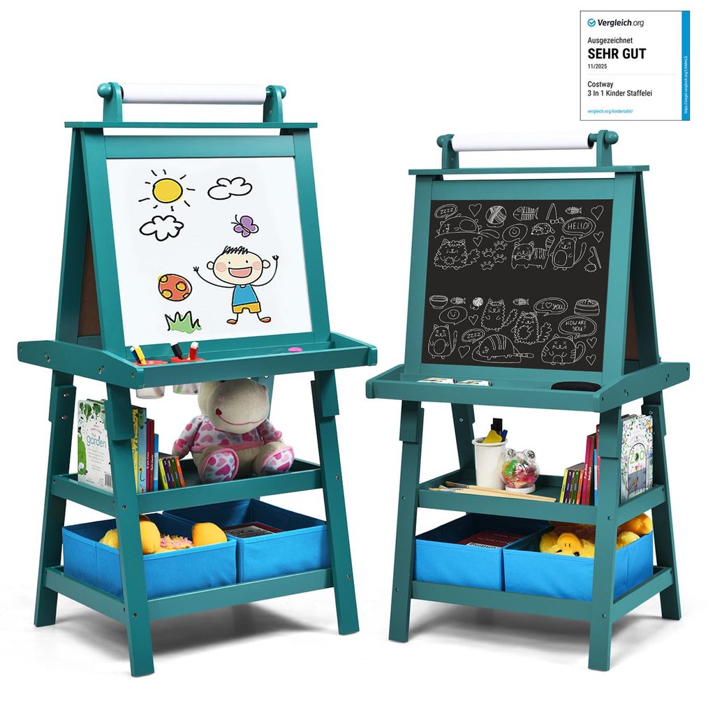 COSTWAY 3 in 1 Kinder Staffelei aus Holz, Kindertafel doppelseitig mit 2 Aufbewahrungsboxen, Whiteboard, Kreidetafel, Magneten & Zeichenpapier Blau