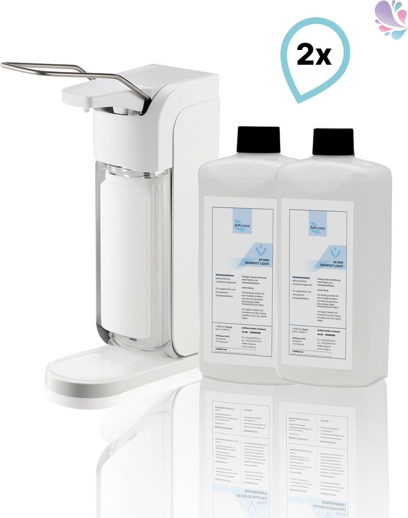 SET: Armhebelspender Blanc UNIVERSAL + Haut- und Händedesinfektion SET, 2 Flaschen à 500 ml