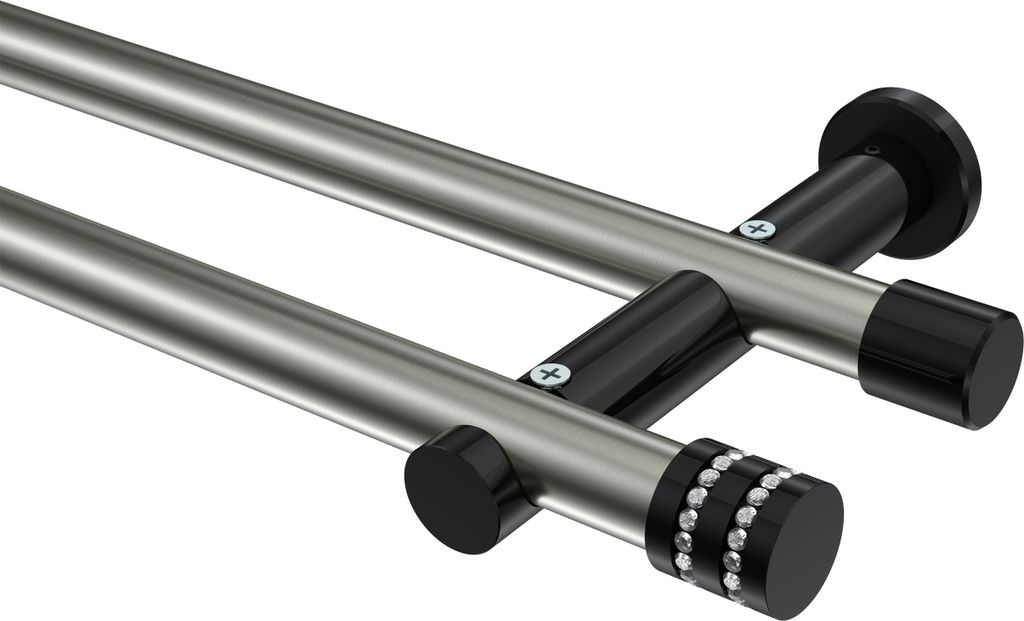 Interdeco Gardinenstange / Vorhangstange Edelstahl-Optik / Schwarz, Typ Platon Estana (Glitzerkappe) ohne Ringe, 20 mm Ø 2-läufig, 480 cm