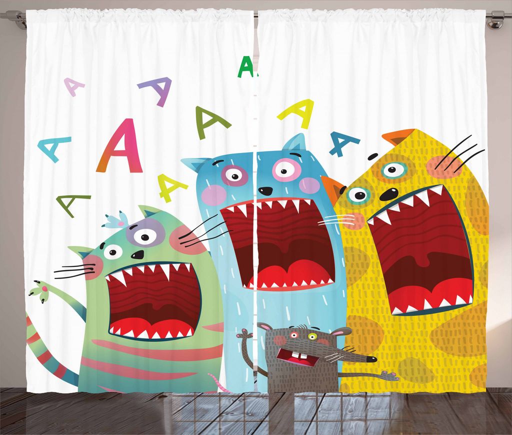 ABAKUHAUS Kindergarten Rustikaler Vorhang, Karikatur-Katzen und Ratten, Wohnzimmer Universalband Gardinen mit Schlaufen und Haken, 280 x 225 cm, Me...