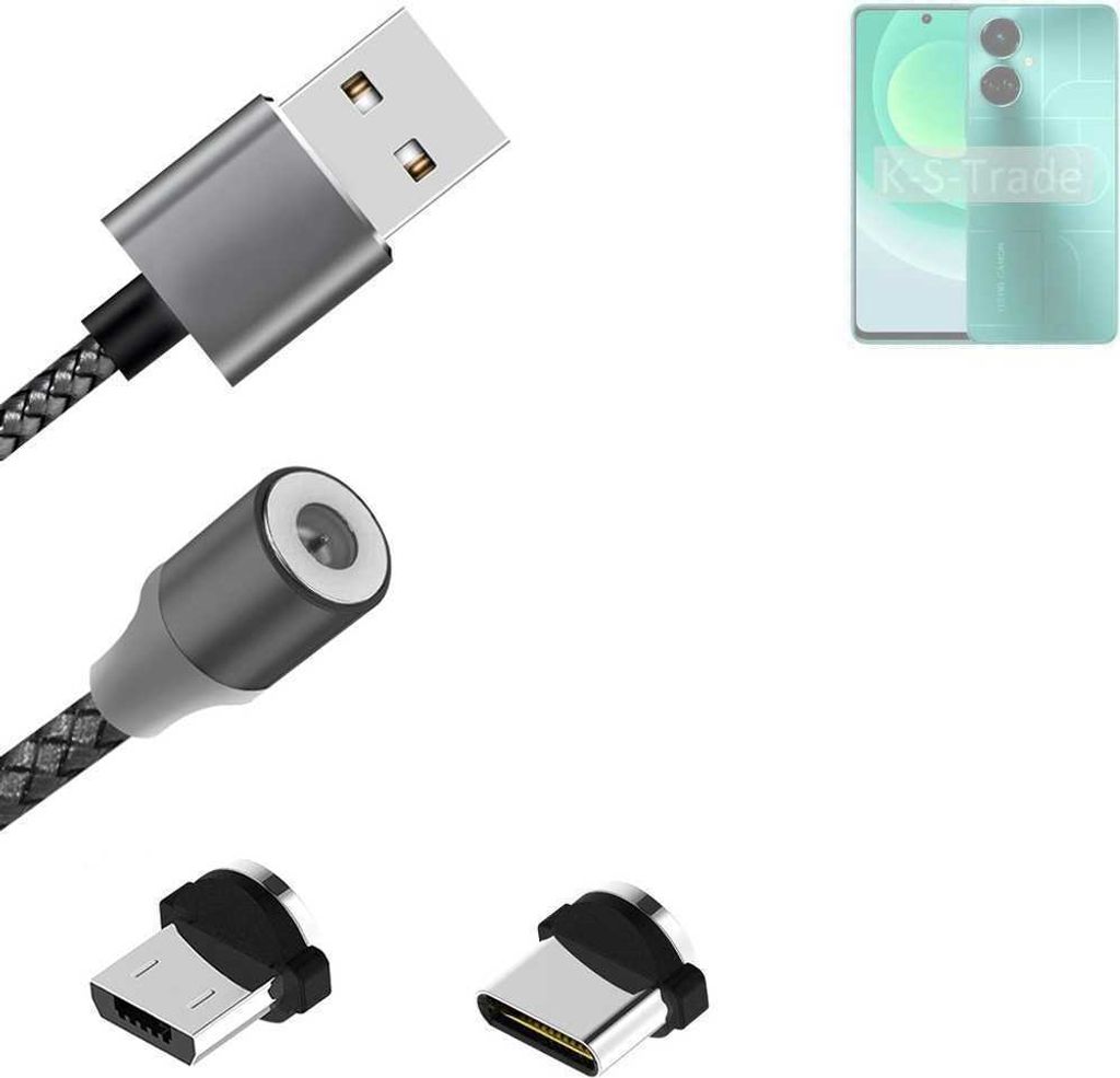 K-S-Trade Hochwertiges Magnet-Lade-kabel Sync-Kabel Daten-Kabel für Tecno Camon 19 mit USB-Typ-C-Anschluss und Micro-USB-Anschluss 2A bis zu 480mbps