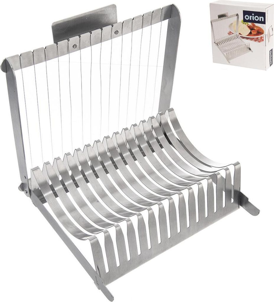 A stainless steel slicer for cutting food items, shown on a white background with a small box in the upper right corner.