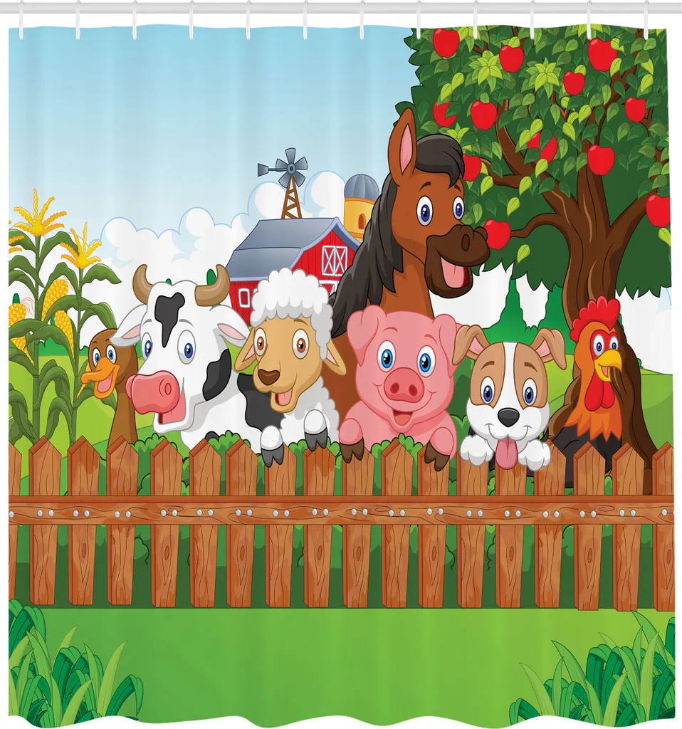 Rideau de douche déco salle de bain enfants 175x240cm avec animaux ferme