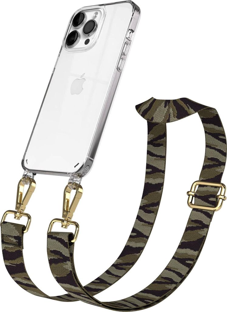 EAZY CASE Handykette - Verstellbarer Trageriemen kompatibel mit Apple iPhone 14 Pro Max, Handykordel mit transparenter Silikon-Hülle, Karabiner Go...
