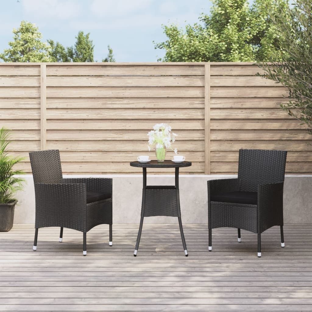 "Rabatt" 3-tlg. Garten-Bistro-Set - mit tishe & Stuhl - mit Kissen Schwarz Poly Rattan - Lounge-Dining set CC8089