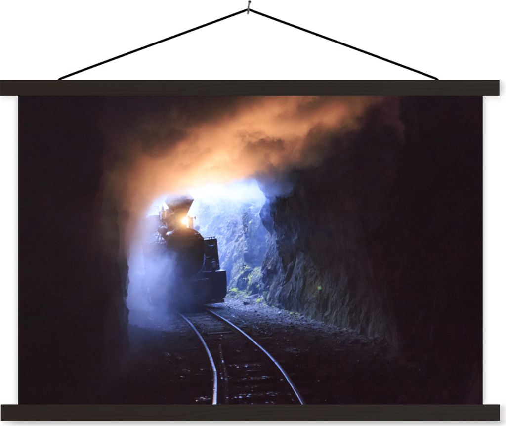 MuchoWow Textilposter Dampflokomotive fährt in einen Tunnel ein 90x60 cm mit schwarzem Rahmen - Aufhängungssatz