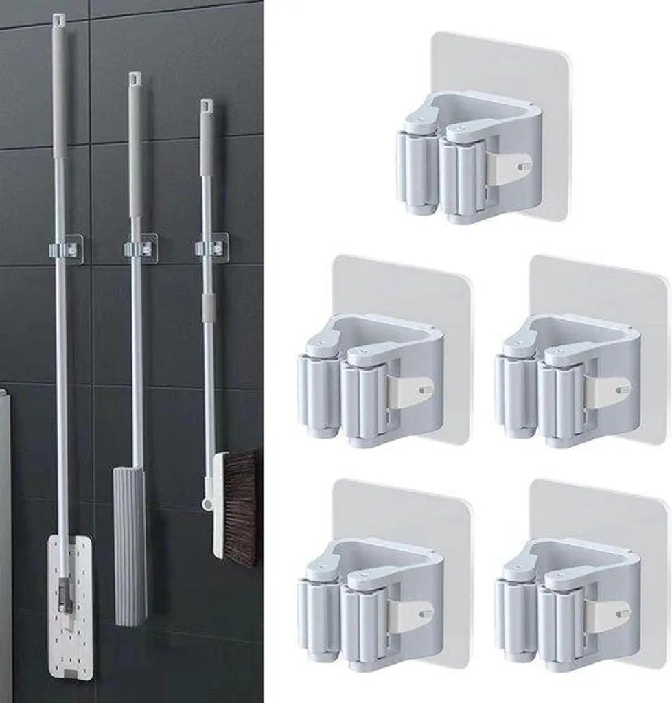 Rangement balai mural pour cuisine et garage - Pack de 5 supports gris