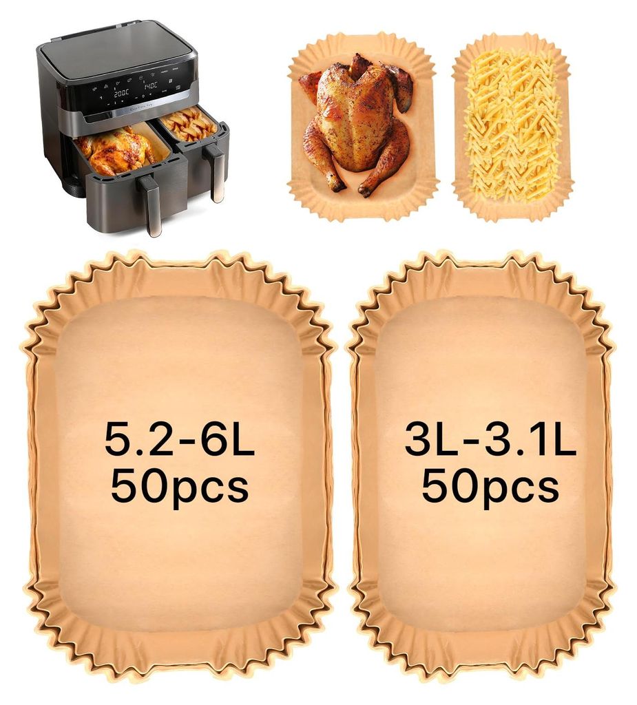 100 Blatt Backpapier für Philips Dual Basket Airfryer 3000 Serie 6L/3L, Tefal Dual Easy Fry 5,2/3,1L, Cecotec 5,5/3,5L, Moulinex 8,3L, für Dual Zone