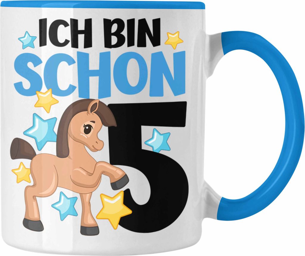 Trendation - 5. Geburtstag Mädchen Tasse Pferde Reiterin 5er Geburtstag Tochter Geschenkidee Kindergeburtstag 5 Jahre Alt (Blau)