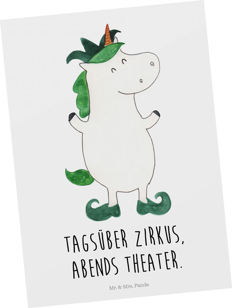 Mr. & Mrs. Panda bildkarte Einhorn Joker - Weiß - Geschenk, Einhörner, Gaukler, Grußkarte, Hofnarr, Mittelalter, Unicorn, Postkarten, Ansichtska...
