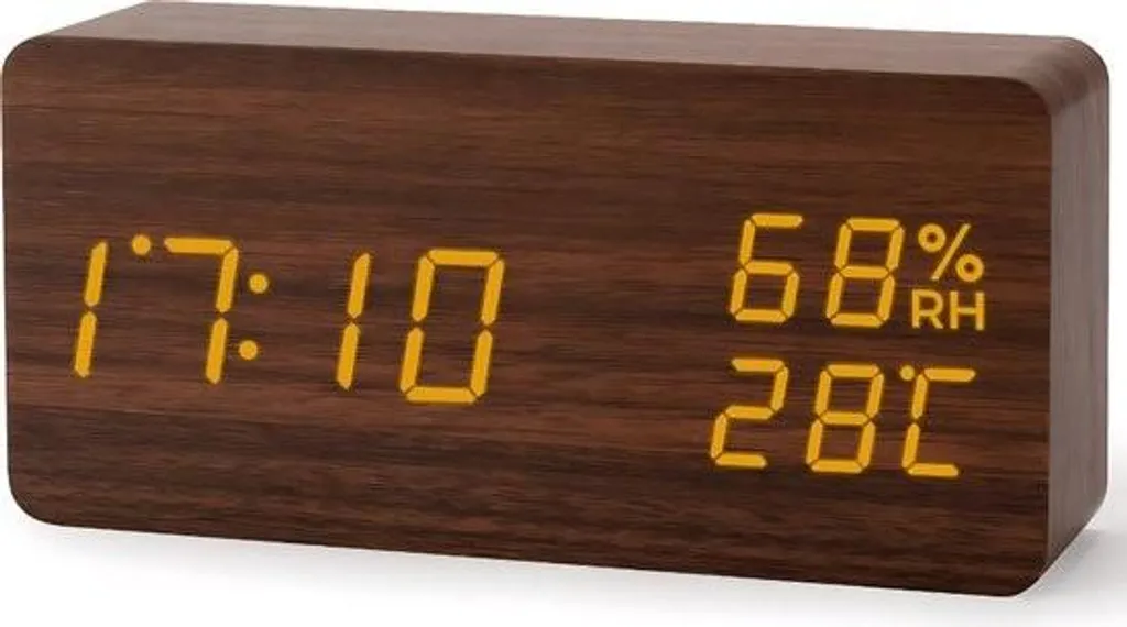 Réveil numérique bois marron 15cm - Horloge radio USB compacte et design