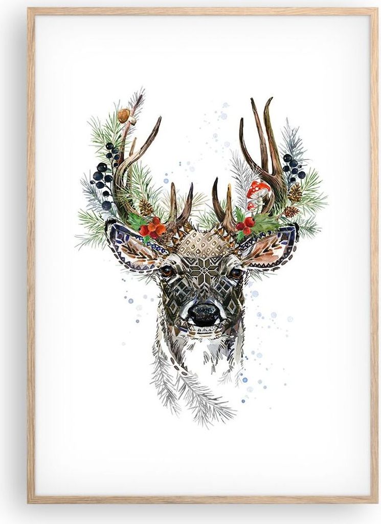 Gerahmtes Poster - Rahmen in heller Eiche - Surrealismus Hirsch Boho - 70x100 cm - Wand Bild - Wanddeko - Wandbilder - Kunstposter - Wandposter - B...