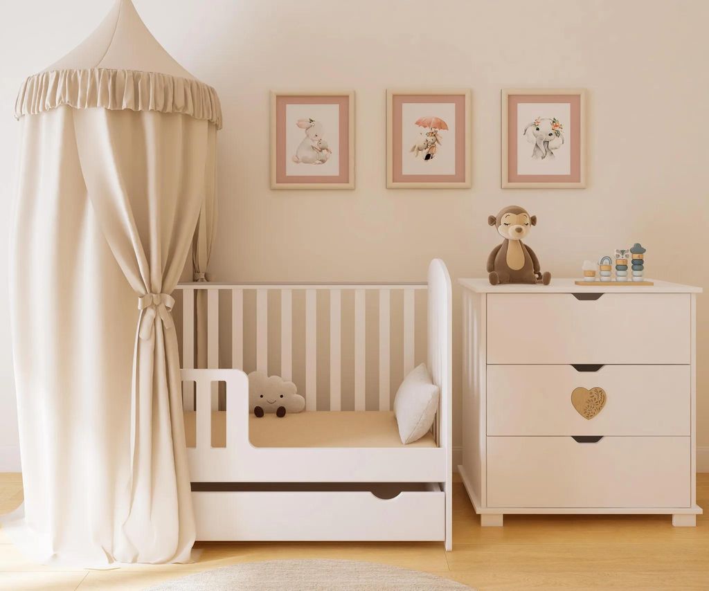 ZEE HEART Set Weiß Babybett 120x60 mit Schublade + Wickelkommode mit Wickelaufsatz Skandinavisches Design Herz Natur Babyzimmer