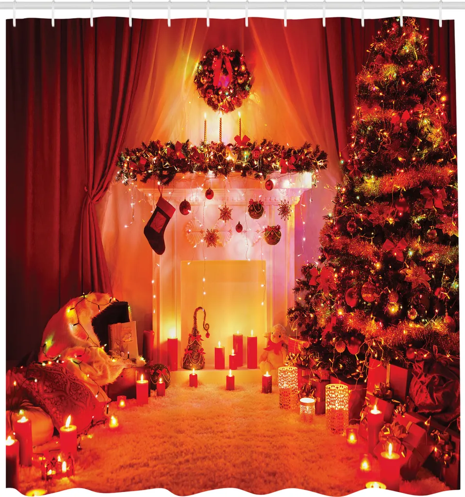 ABAKUHAUS Rideau de douche de Noël avec cheminée et bougies orange