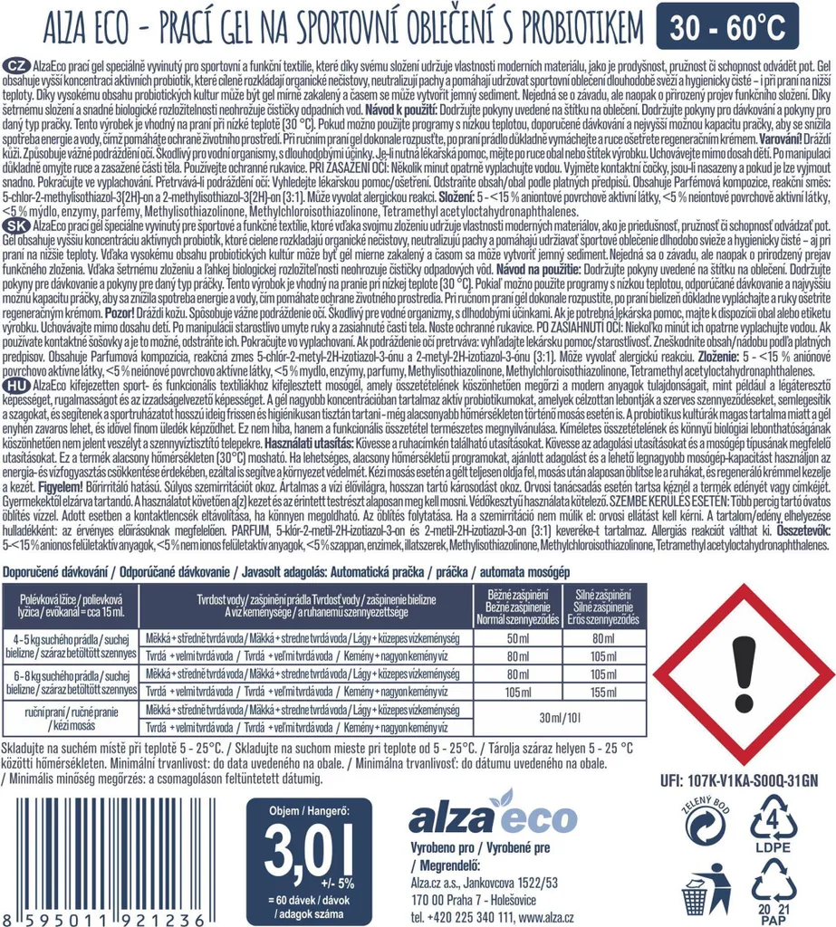 AlzaEco Eco-Detersivo Sportivo 3 Litri: 60 Lavaggi Bio e Probiotici