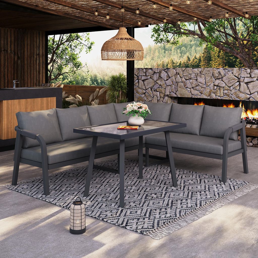6-Personen Garten-Essgruppe Seilgeflecht & Stahl Lounge-Set mit Esstisch Sitzgruppe Gartenmöbel wetterfest Grau