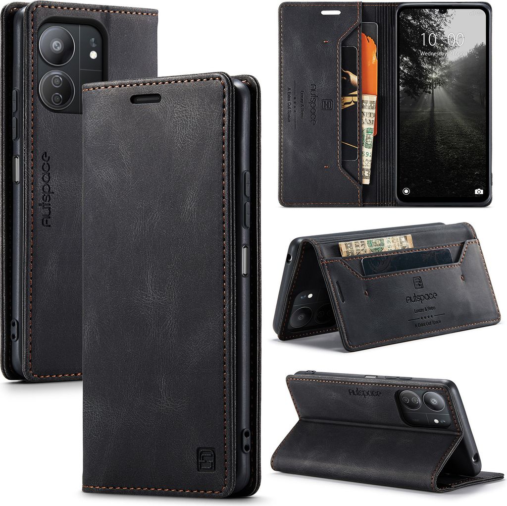 Redmi 13C Hülle, Retro Kunstledertasche Stand Schutzhülle für Xiaomi Redmi 13C/Poco C65 Schwarz