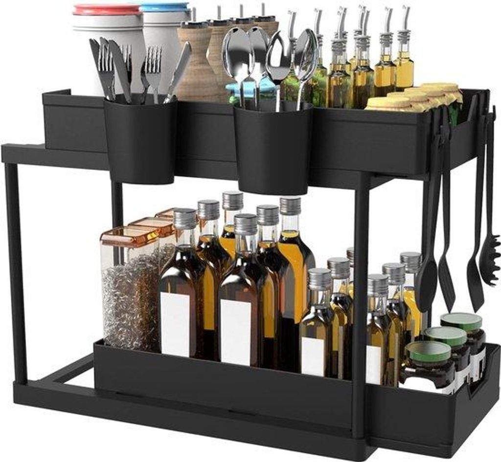 Flexibler 2-teiliger Bodensteine-Organizer mit 4 Haken und 2 Bechern, Bad- und Küchen-Organisator, Schwarz, abziehbar