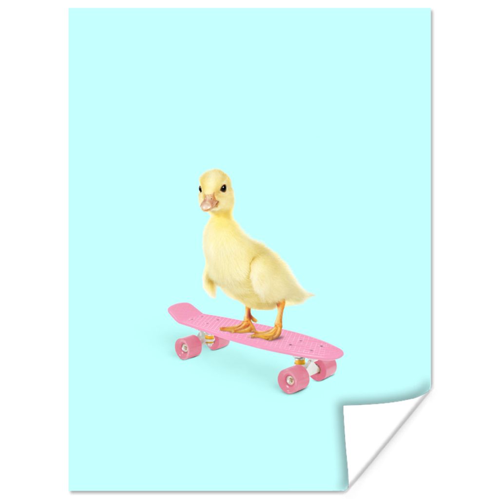 MuchoWow Poster Ente - Küken - Skateboard - Blau - Rosa 30x40 cm - Wandplakat - Poster Kinderzimmer