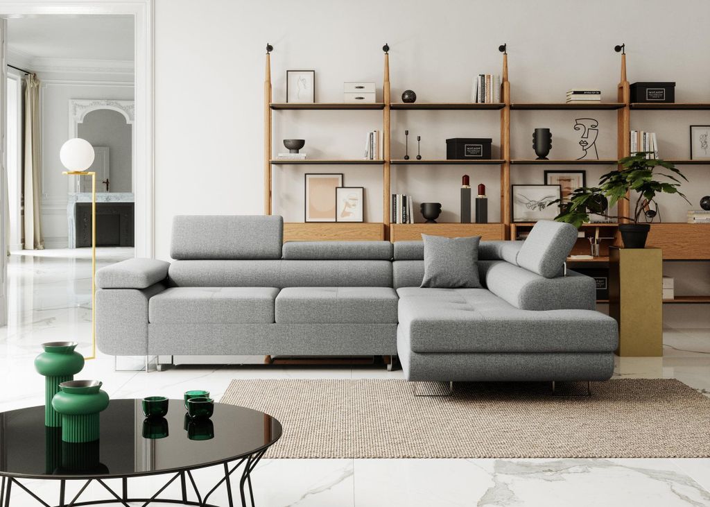 Ecksofa mit Schlaffunktion Nolio L-Form mit Bettkasten, verstellbare Kopfstützen, wasserabweisender Stoff. Seite: Rechts, Farbe: Solid 89