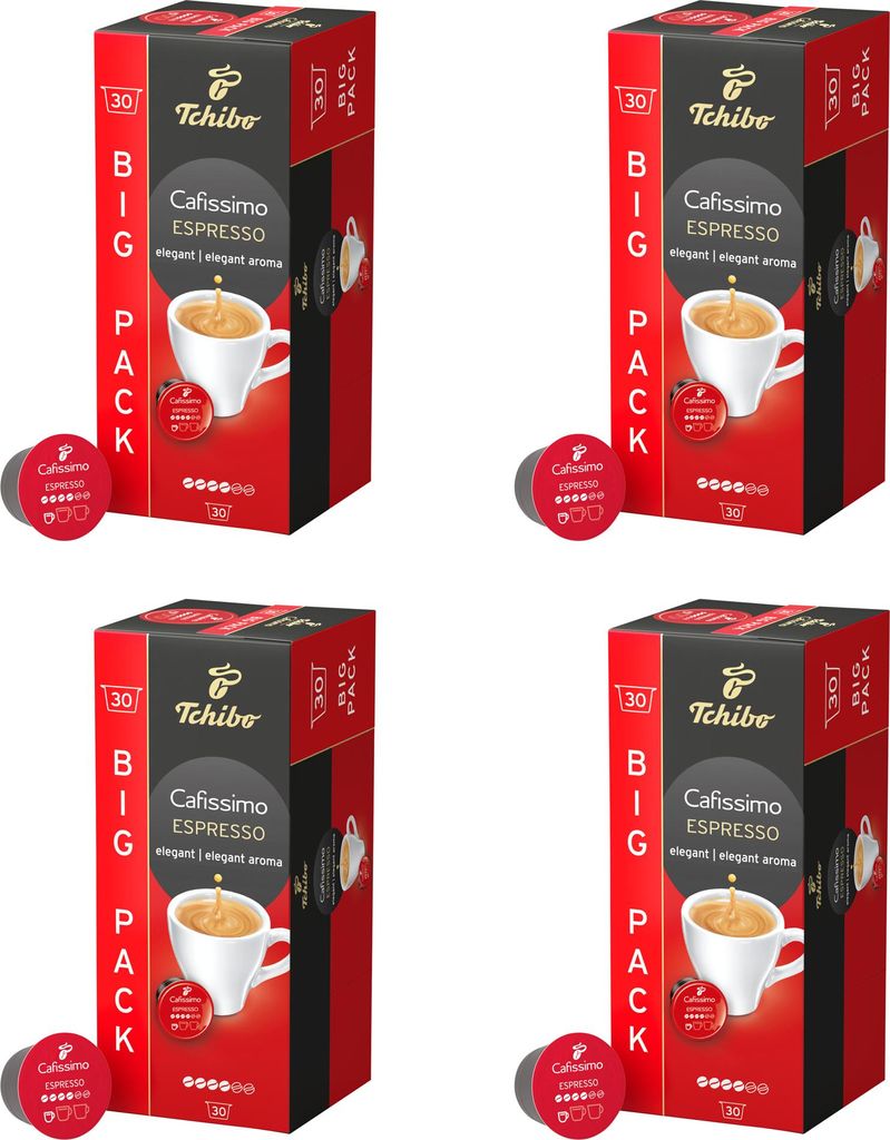 Tchibo Cafissimo Espresso elegant Kaffeekapseln, 120 Stück – 4x30 Kapseln (Kaffee, ausdrucksstark mit vollem Aroma), nachhaltig & fair gehandelt
