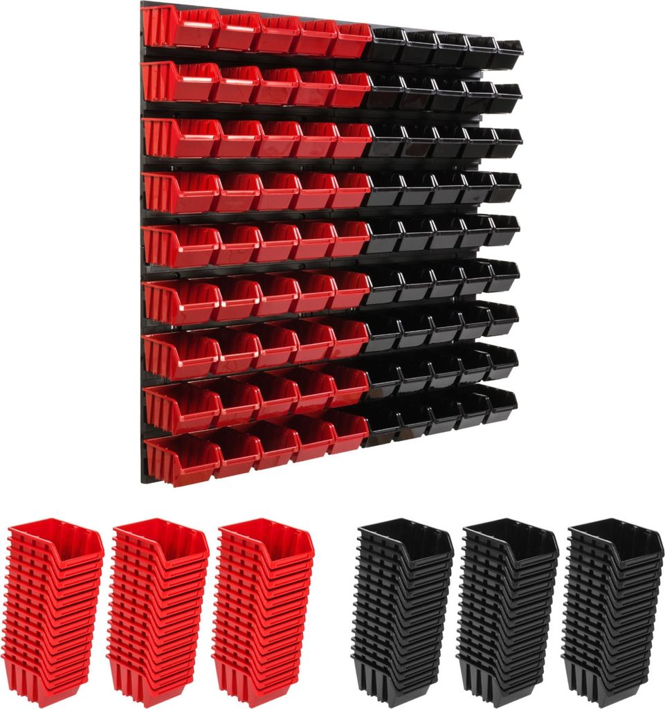 A wall-mounted storage system with red and black bins, and stacks of individual bins below.