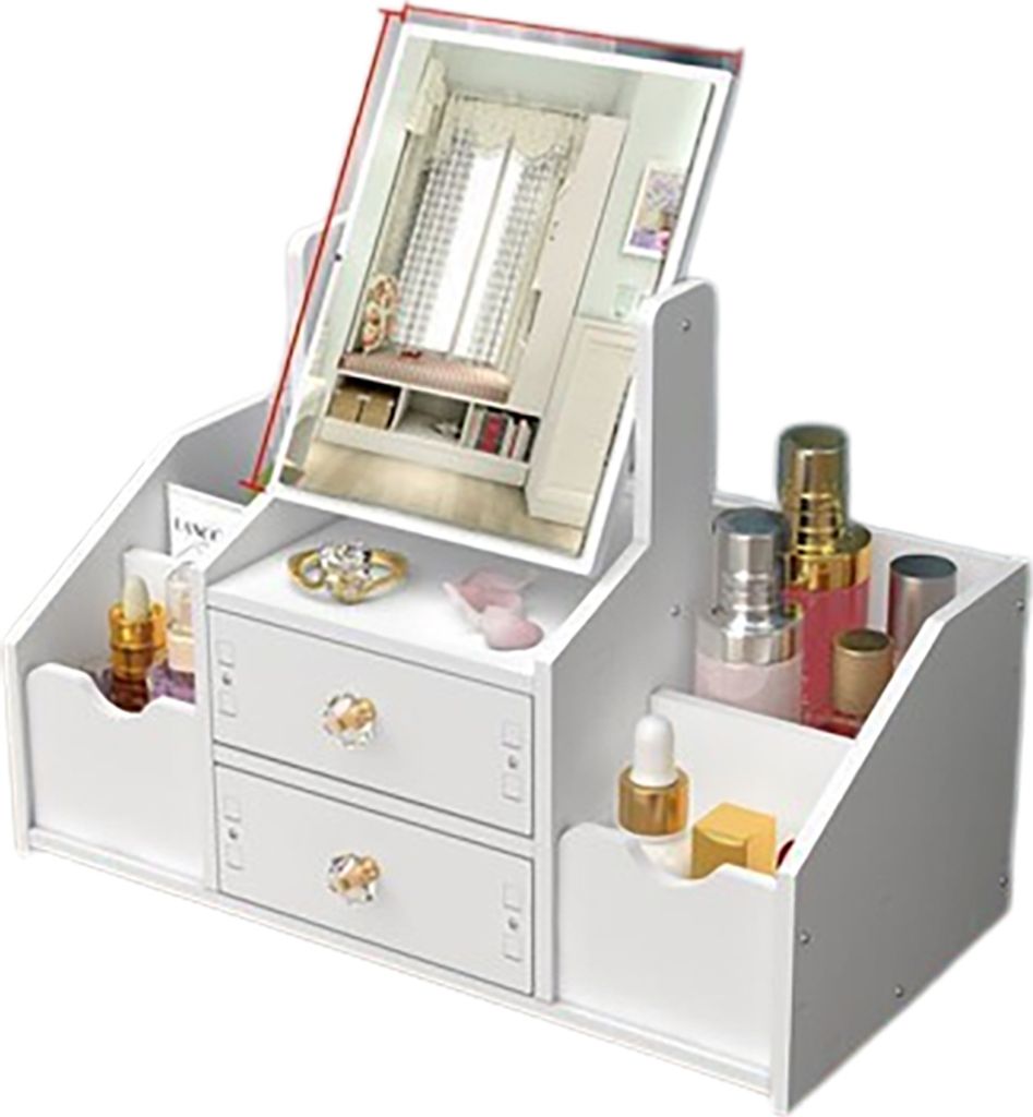 A white makeup organizer with a mirror and drawers, filled with various cosmetic products.