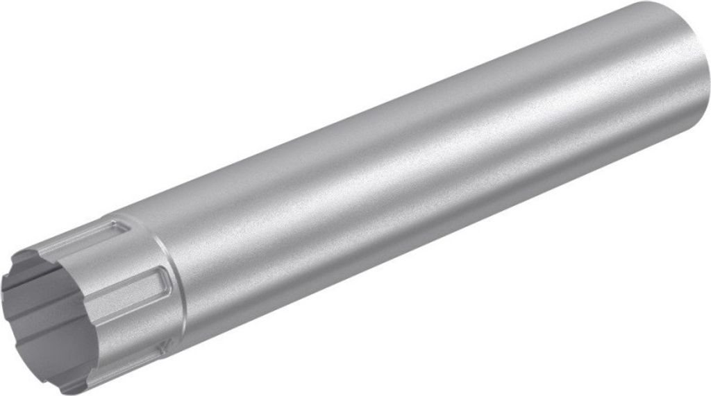 A single, metallic downspout pipe is shown against a white background.