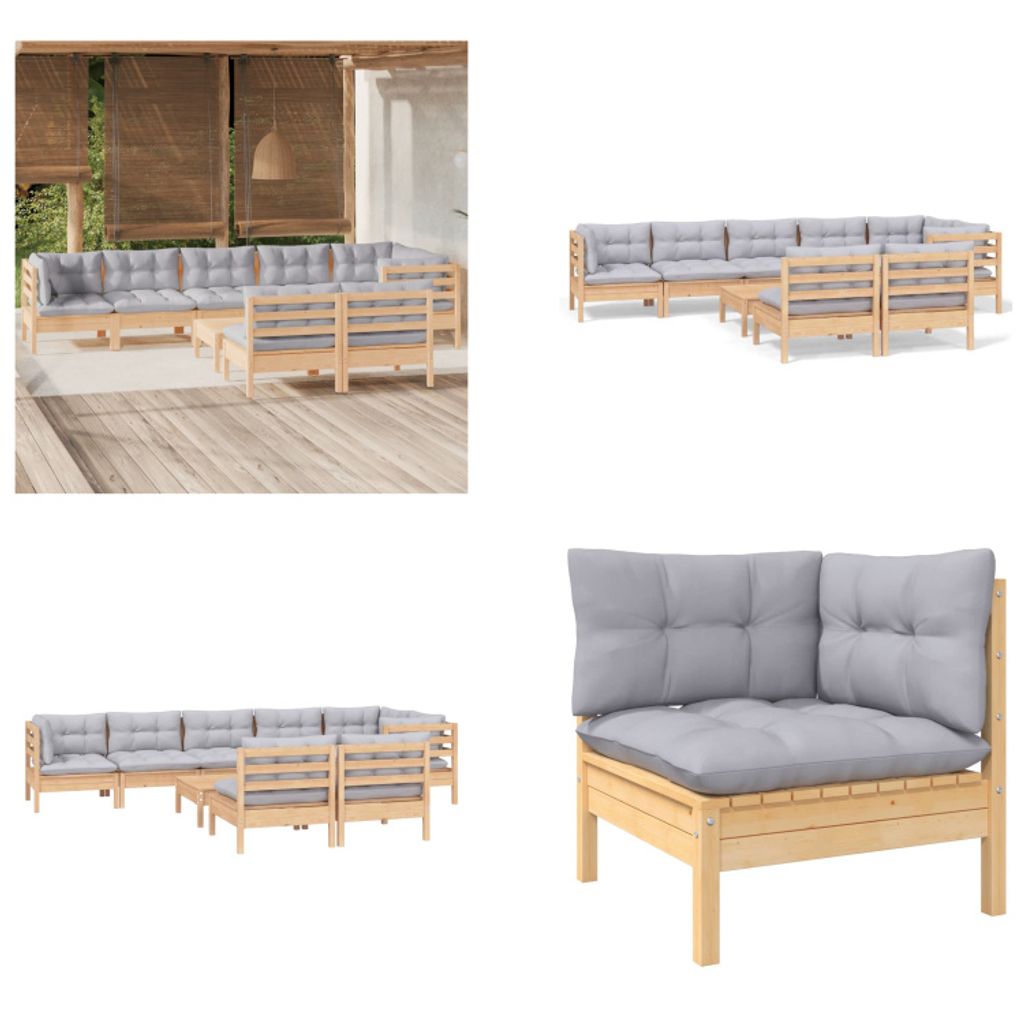 vidaXL 9 tlg. Garten Lounge Set mit Grauen Kissen Kiefer Massivholz - Garten-Lounge-Set - Garten-Lounge-Sets - Gartenmöbel-Set - Gartenmöbel-Sets