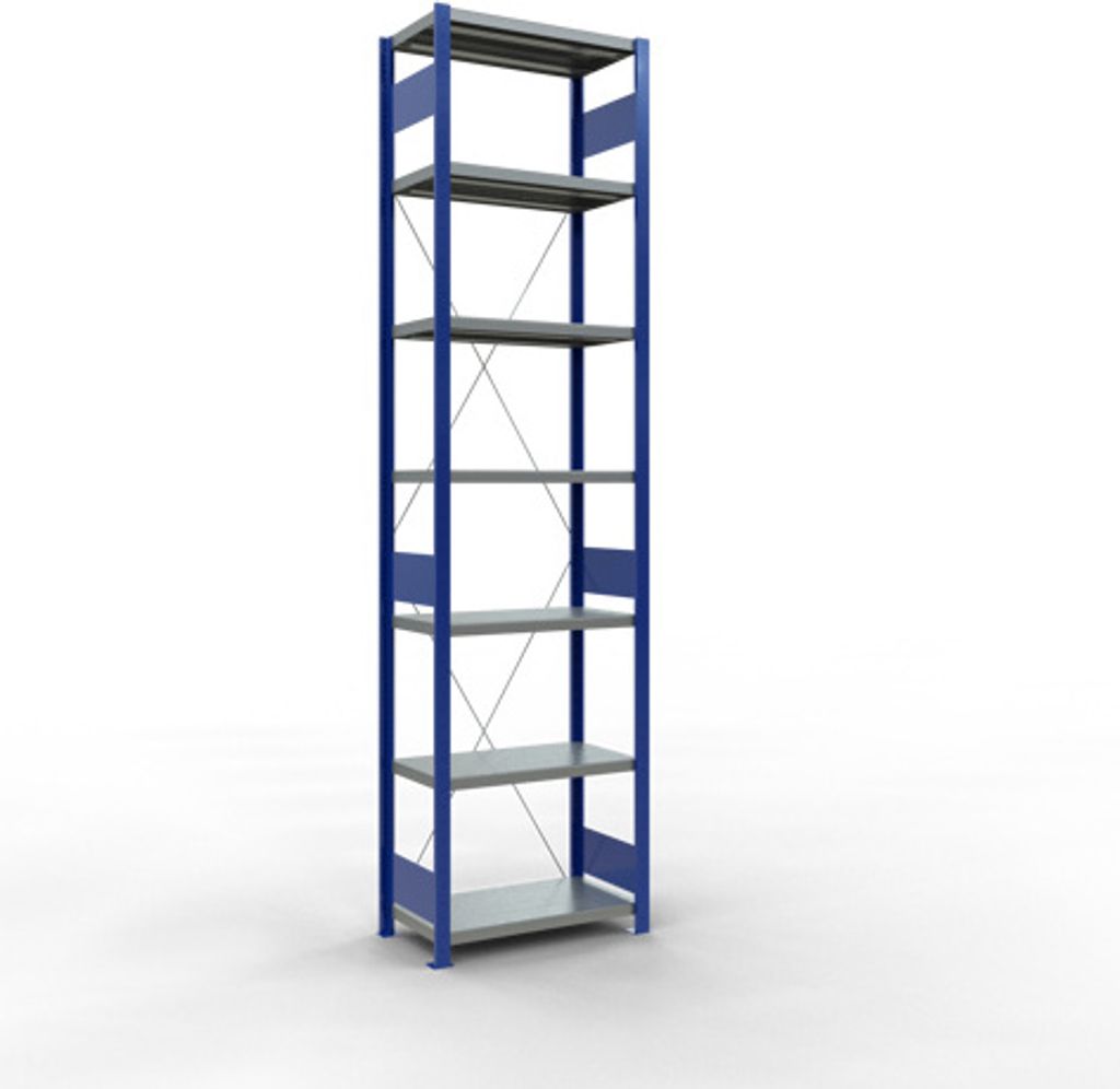 Schulte Fachbodenregal MULTIplus250 Stecksystem | Grundregal | HxBxT 300x75x40cm | 7 Ebenen | Fachlast 250kg | Enzianblau/Verzinkt