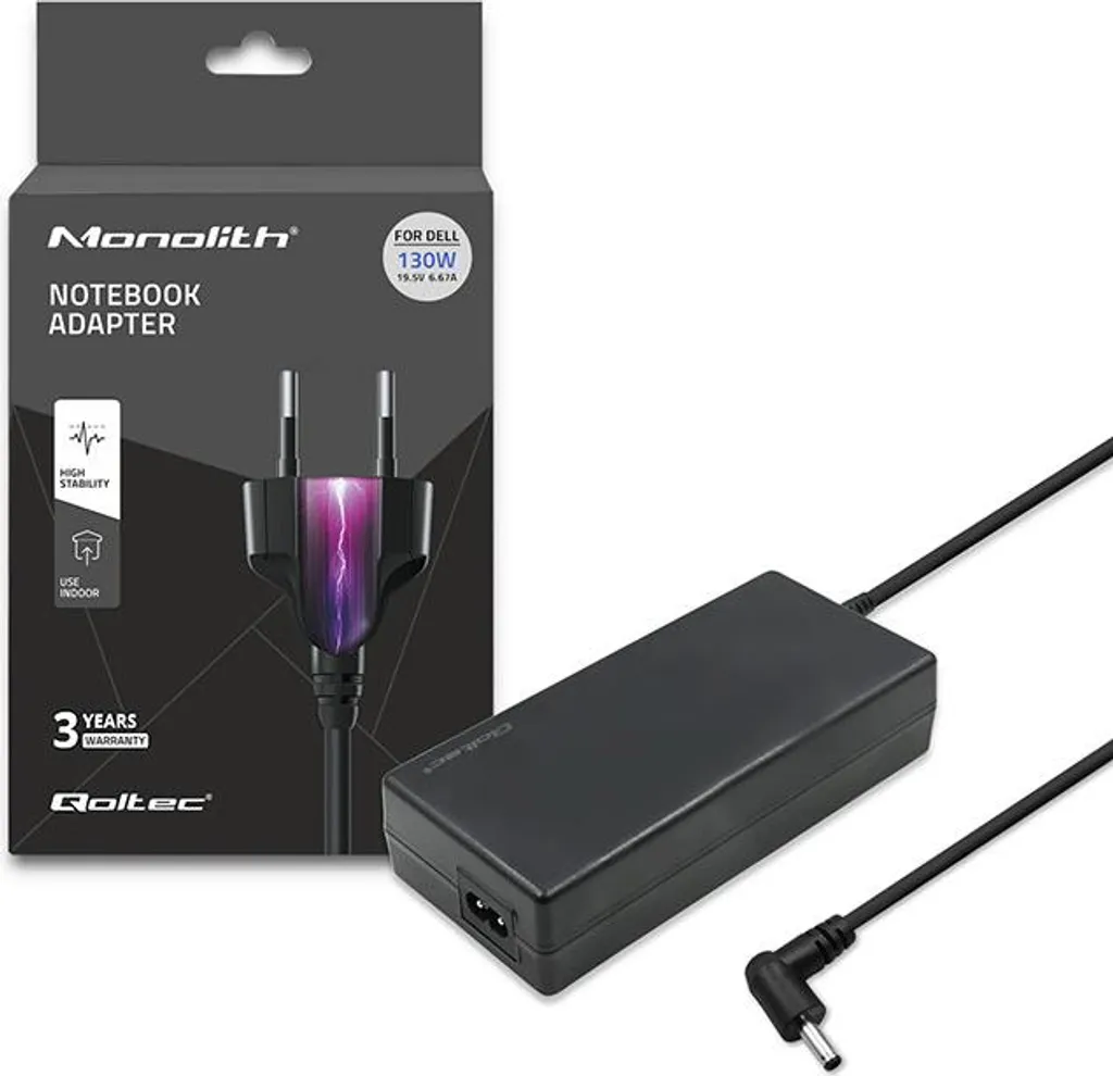 Alimentatore Qoltec Dell per laptop 130 W | 19,5 V | 6,67 A | 4,5 x 3,0 + pin | + cavo di alimentazione