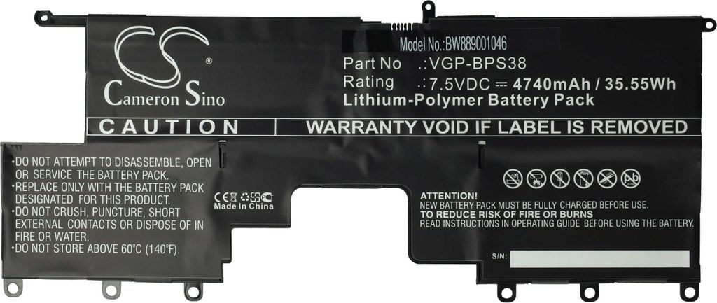 vhbw Akku Ersatz für Sony VGP-BPS37, VGP-BPSE38, VGP-BPS38 für Notebook (4740 mAh, 7,5 V, Li-Polymer)