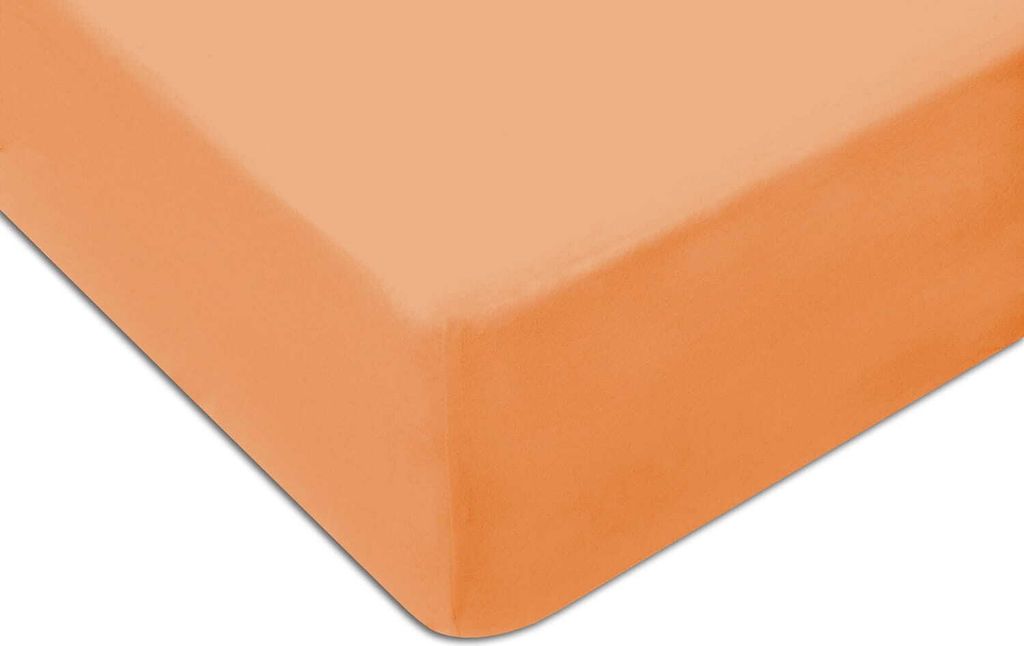 A close-up view of a fitted sheet in a light orange color, showing the corner and edge.
